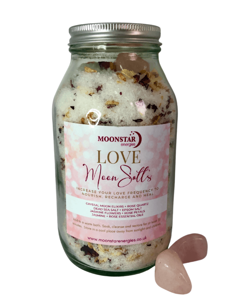 Love Moon Salts - Crystal Infused bath salts with Rose Quartz Tumble stone and Jasmine and Rose Essential Oils - Sacred Earth